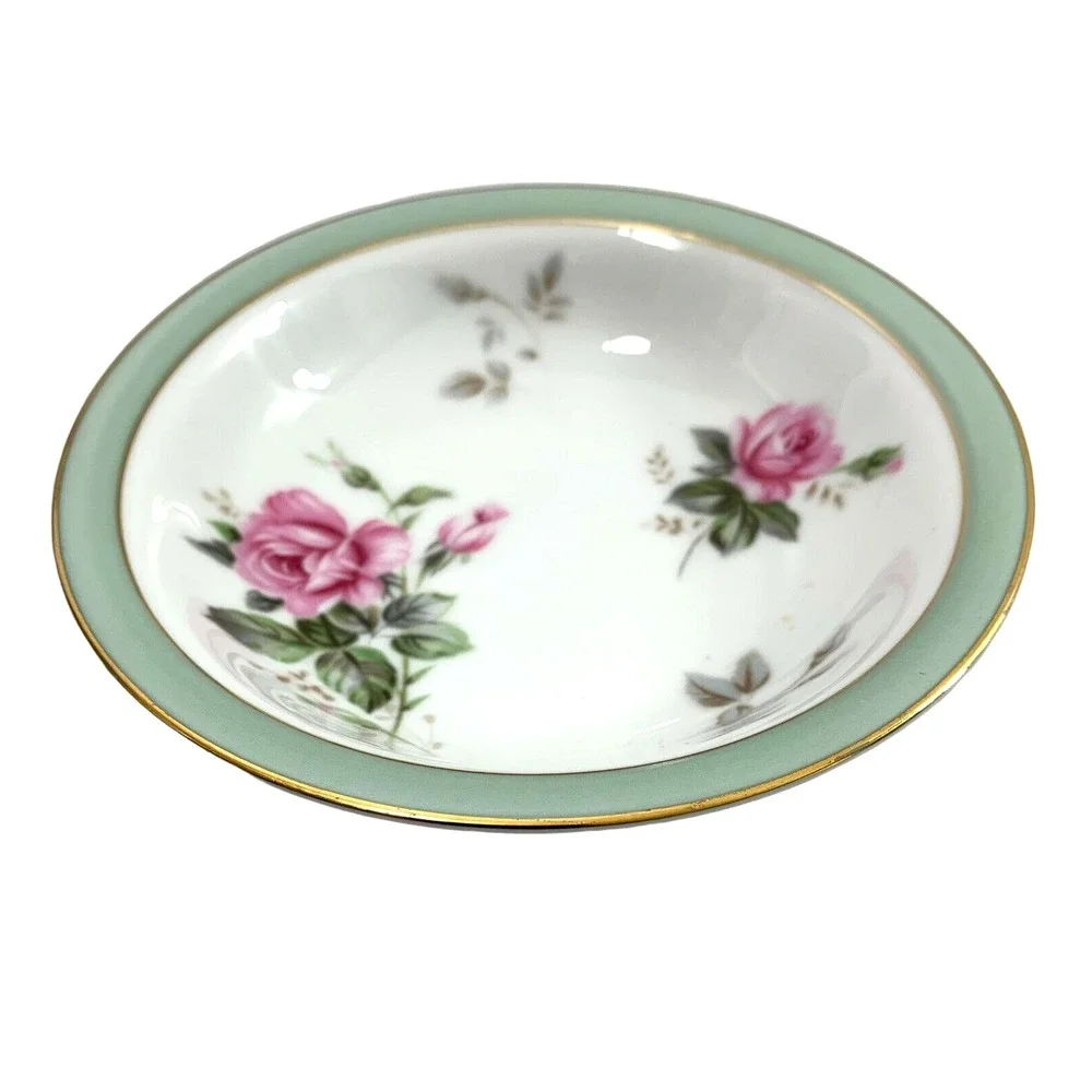 Noritake Priscilla Dessert Berry Bowl 5310 Pink Roses Gold Trim Green Accent Vtg